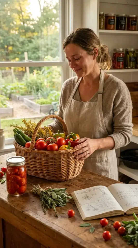A homeowner harvesting fresh vegetables from her mini farm in less than half an acre, featuring a basket of produce and home-canned goods in a rustic kitchen.