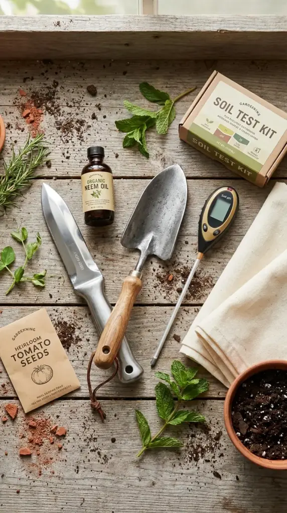 Essential gardening tools for a mini farm on poor or clay soil including a soil test kit, digital pH meter, and organic soil amendments.