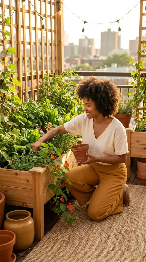 A woman smiling while gardening on her city balcony mini farm with fast-growing veggies, featuring raised beds and vertical trellises.
