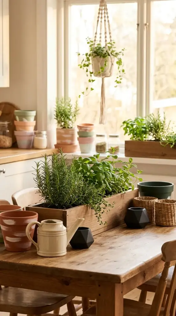 A kitchen-based mini farm with limited sunlight featuring a wooden planter of rosemary and basil on a table near a window.