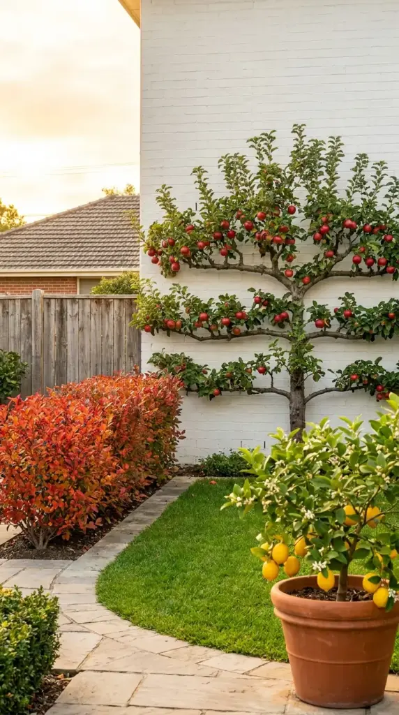 A space-saving mini farm for HOA neighborhoods featuring an espalier apple tree and a potted lemon tree in a polished backyard design.