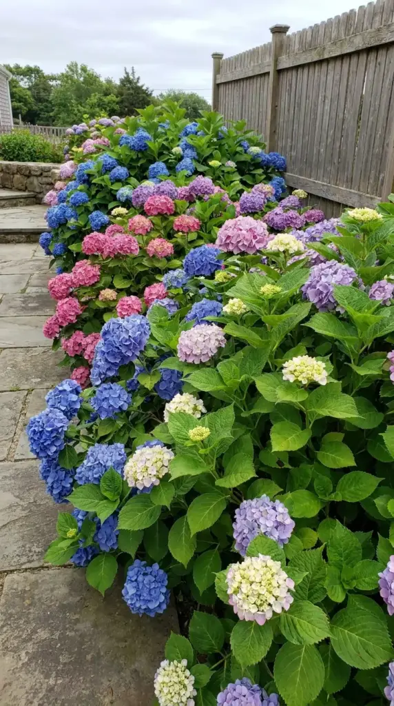 Hydrangea color change showing blue pink purple and white bigleaf hydrangea blooms in the garden