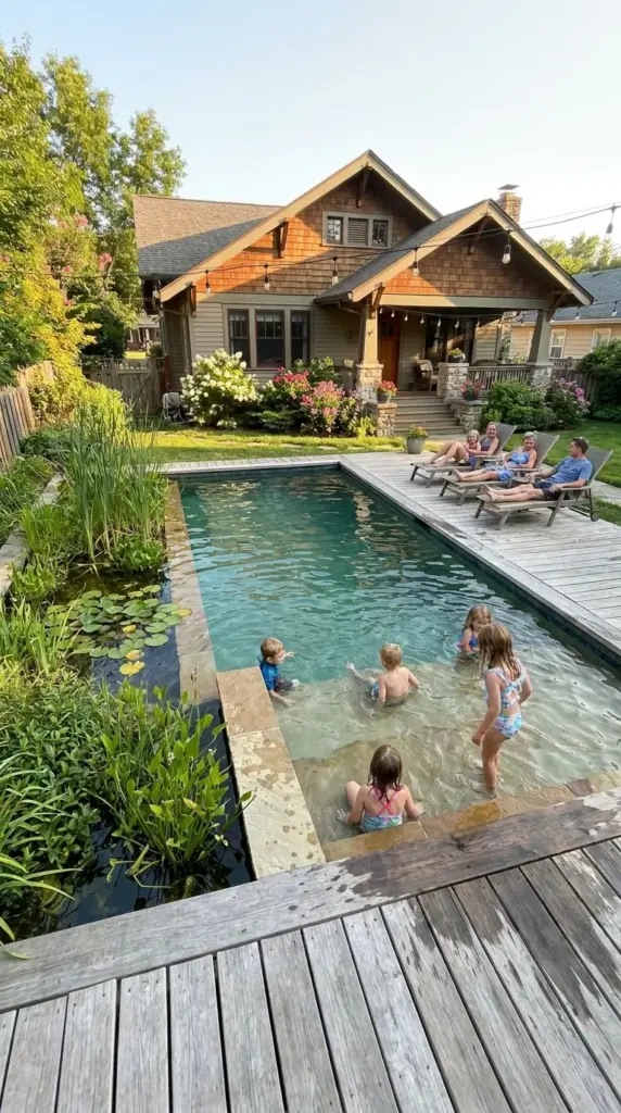 Family-friendly natural pool with shallow shelf, safe layout, planted filtration zone, and durable backyard design