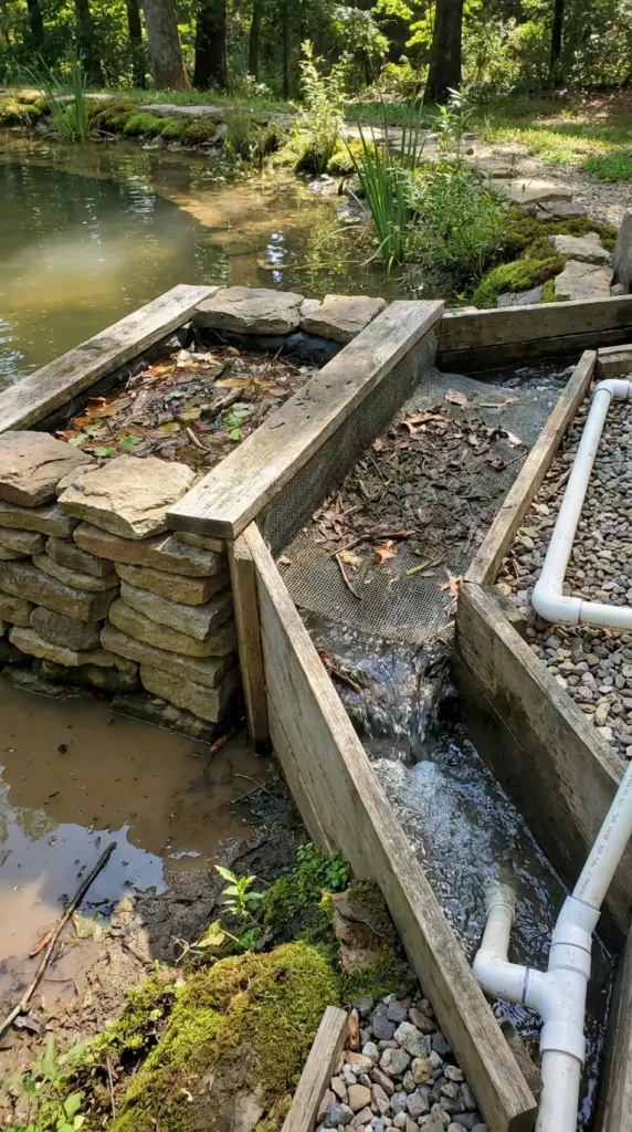 Intake bay and rock trap prefilter for natural pool maintenance, debris capture, and cleaner water circulation
