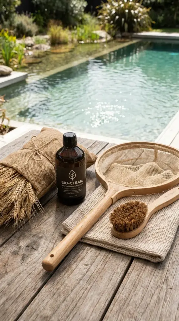 Toxin-free natural pool care tools for clearing green water without harsh chemicals