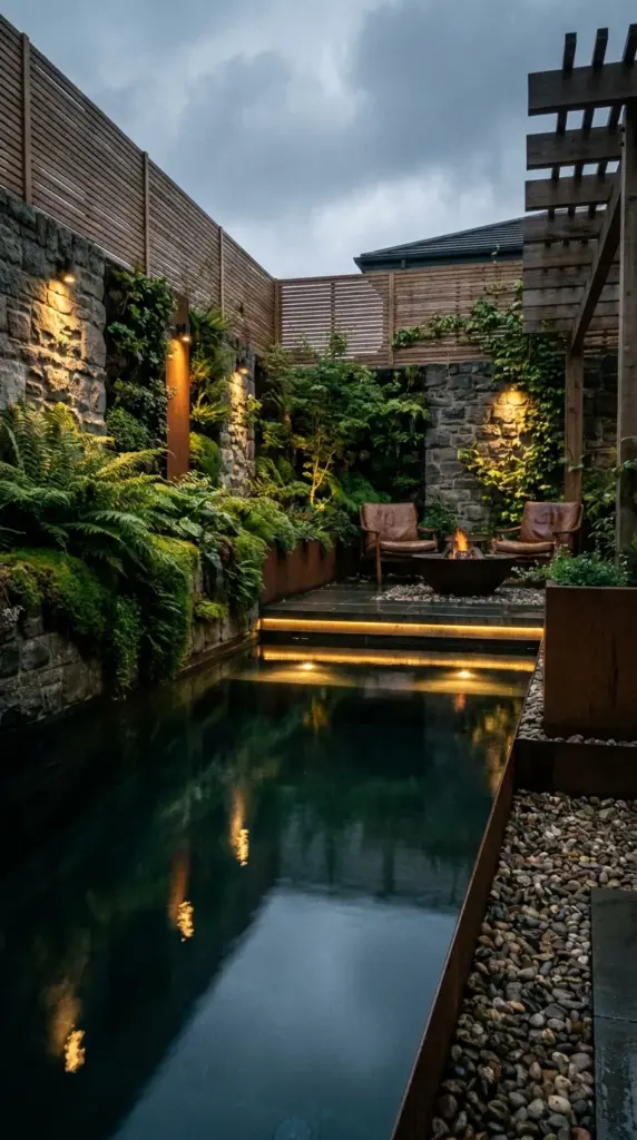 Reflective small space natural pool with layered lighting, privacy screens, and visual tricks to make a yard feel bigger