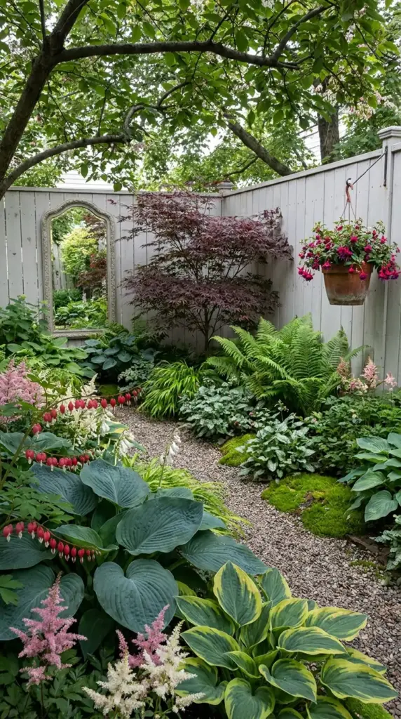 Creative garden help for small spaces featuring a shaded backyard with a garden mirror, hostas, and ferns along a gravel path.