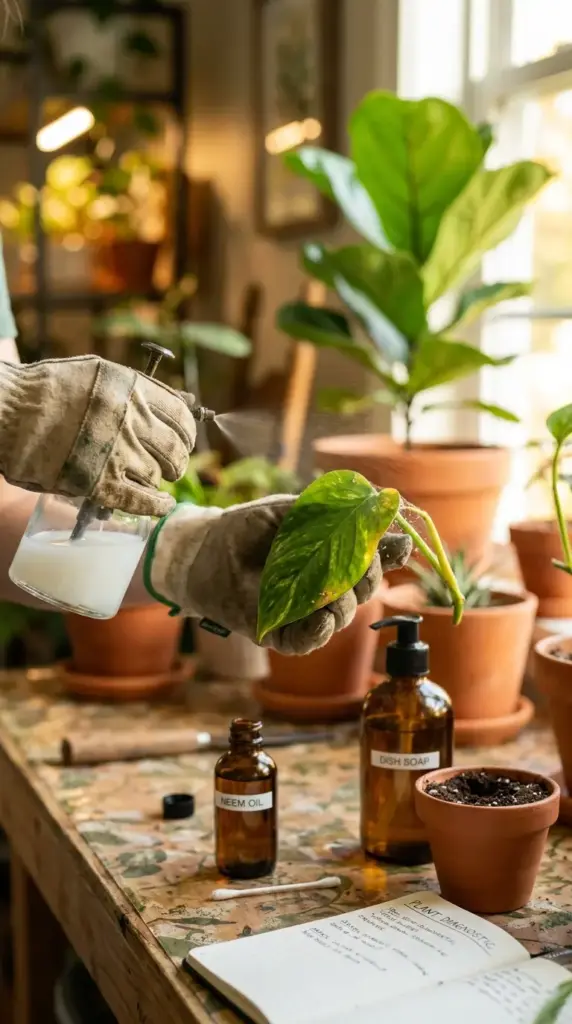 Organic garden help for beginners on how to treat spider mites using neem oil spray on infested indoor plant leaves.