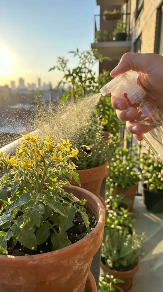Natural garden help with household items showing a person using a spray bottle of sugar water to attract bees to balcony tomato plants.
