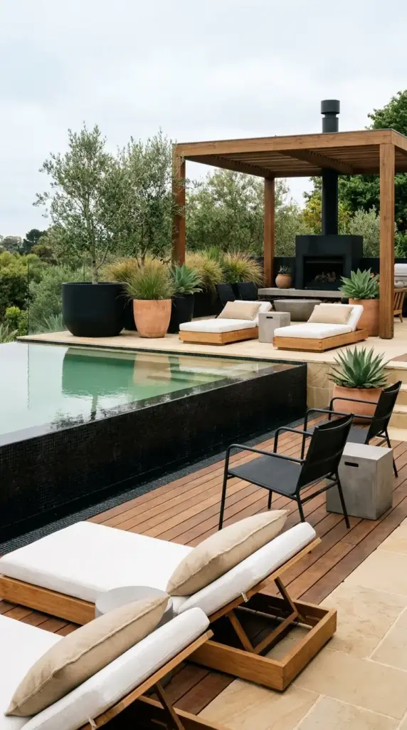 Modern pool color palette for above ground pool design with black, wood, sand, and neutral resort tones