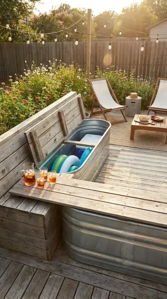 Bench-wrapped cowboy pool with hidden pool plumbing and entertaining-friendly seating