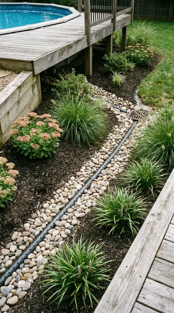 Pool drainage solutions and erosion control landscaping for above ground pools on sloped yards