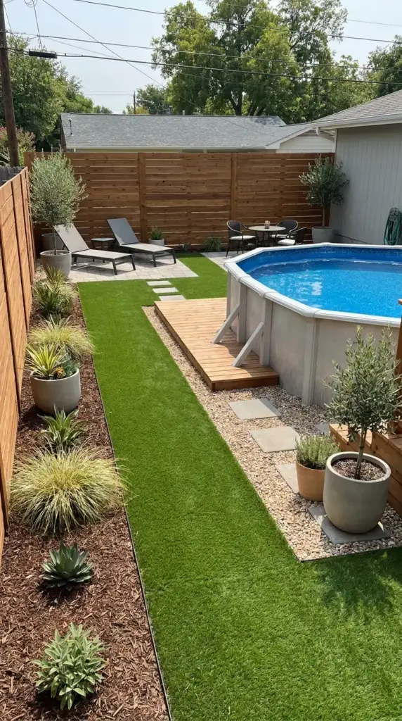 Low-maintenance pool landscaping on a budget with turf, mulch, and containers around an above ground pool