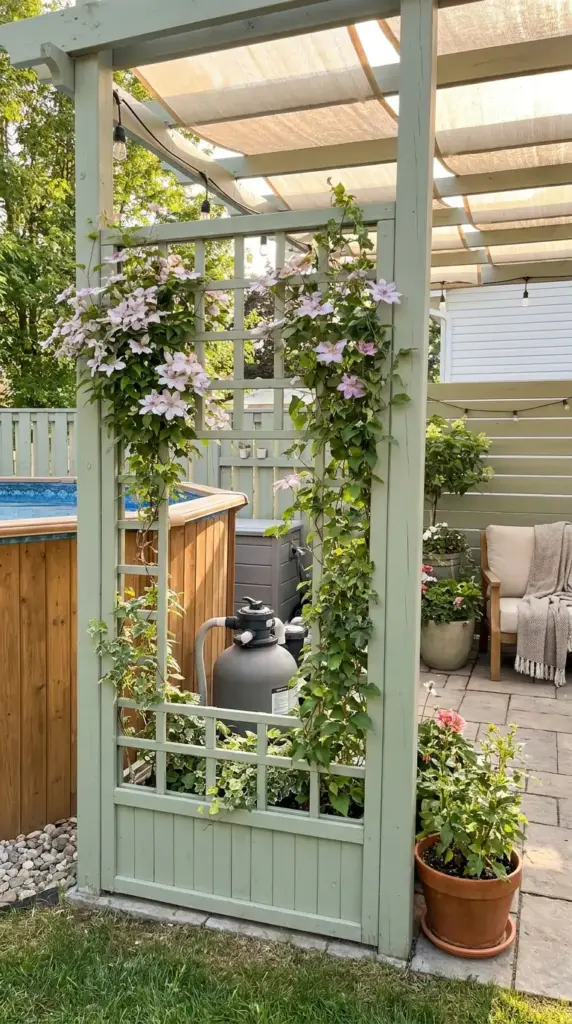 Trellis and climbing vine privacy screen for above ground pool equipment