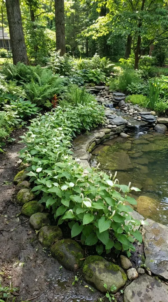 Lizard's tail around a natural pool creating lush layered eco pool landscaping