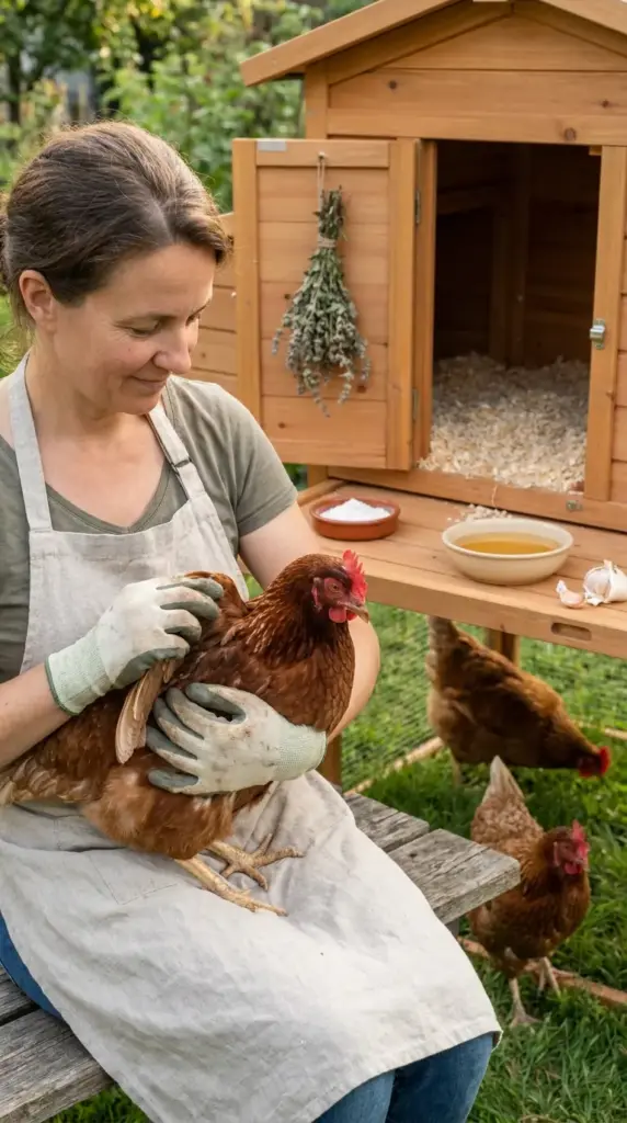 A woman performing a health check on a hen at her backyard mini farm with chickens, featuring a clean wooden coop and natural poultry supplements.