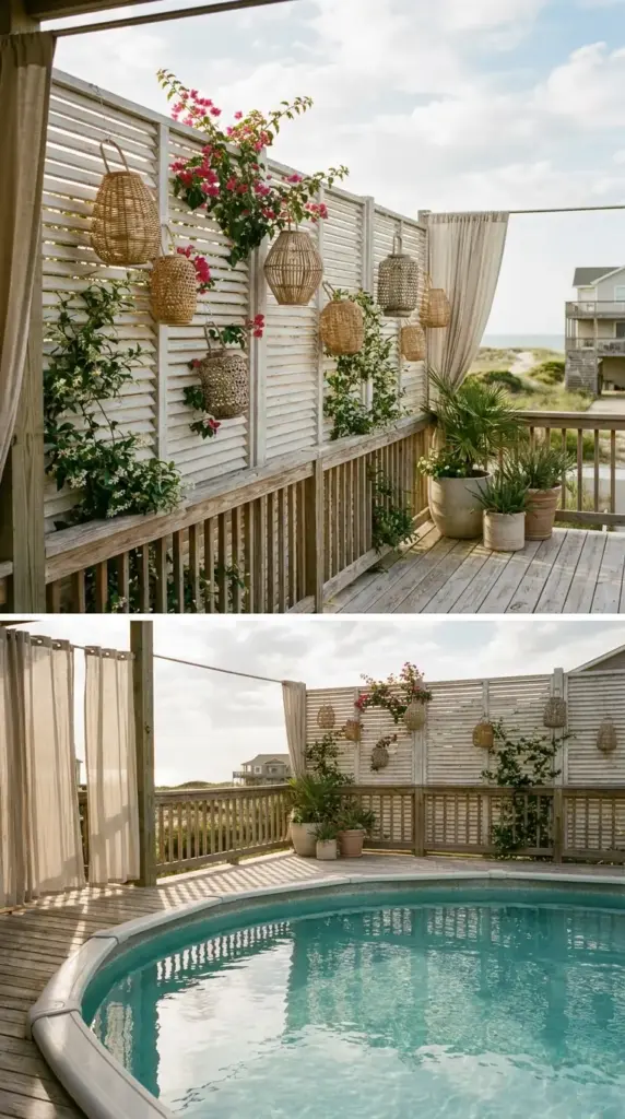 Slatted privacy screen on a white wash wood above ground pool deck with beach house backyard style