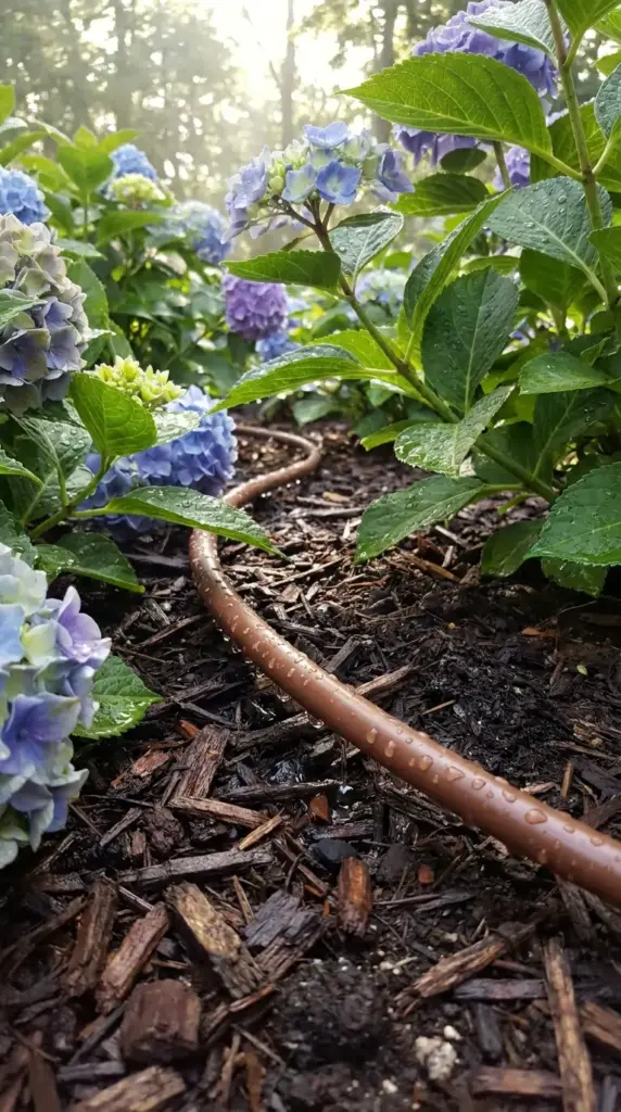 Drip irrigation and mulch for hydrangea hedges in shade to support bigger blooms