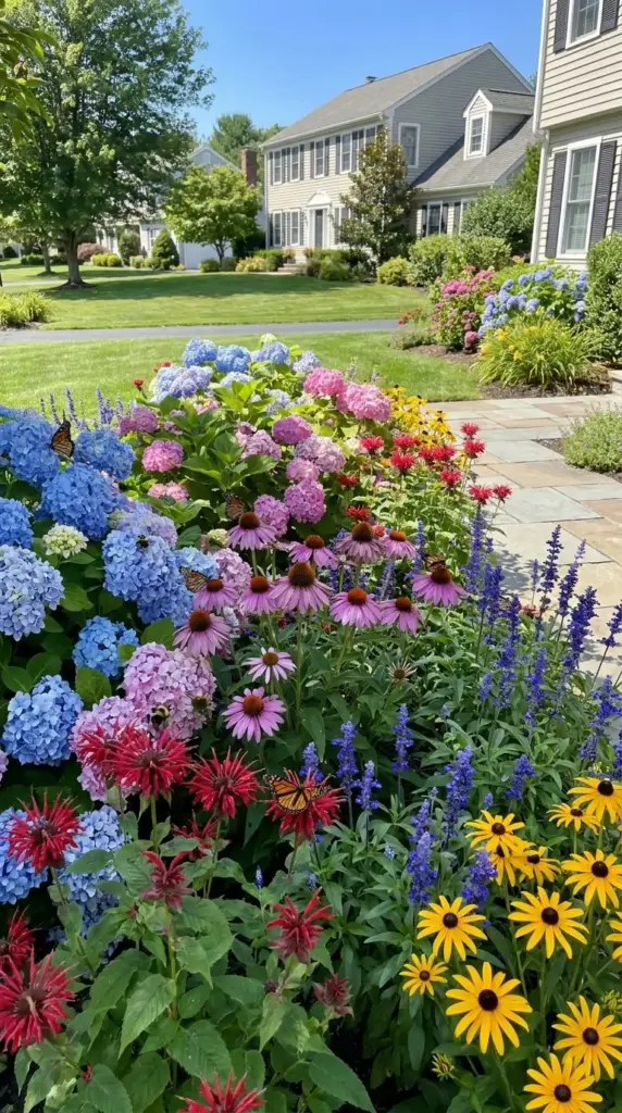 Mixed hydrangea border with pollinator-friendly flowers for season-long front yard color