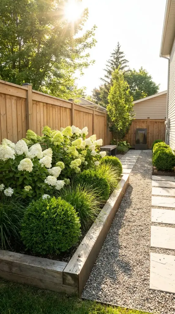 sunny narrow side yard border with compact panicle hydrangeas and structured planting
