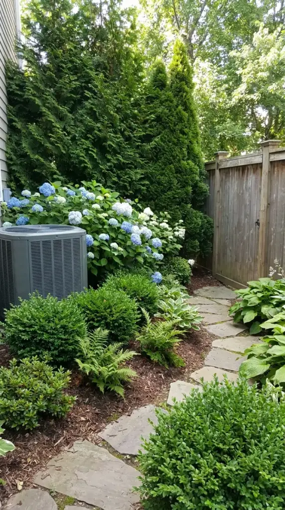 Hydrangeas and evergreens screening an AC unit and fence for privacy and better landscape design