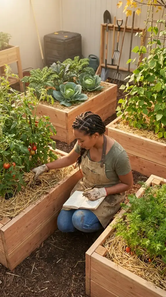 A woman journalizing her harvest on a mini farm on poor or clay soil, featuring straw-mulched raised garden beds and organic vegetable production.