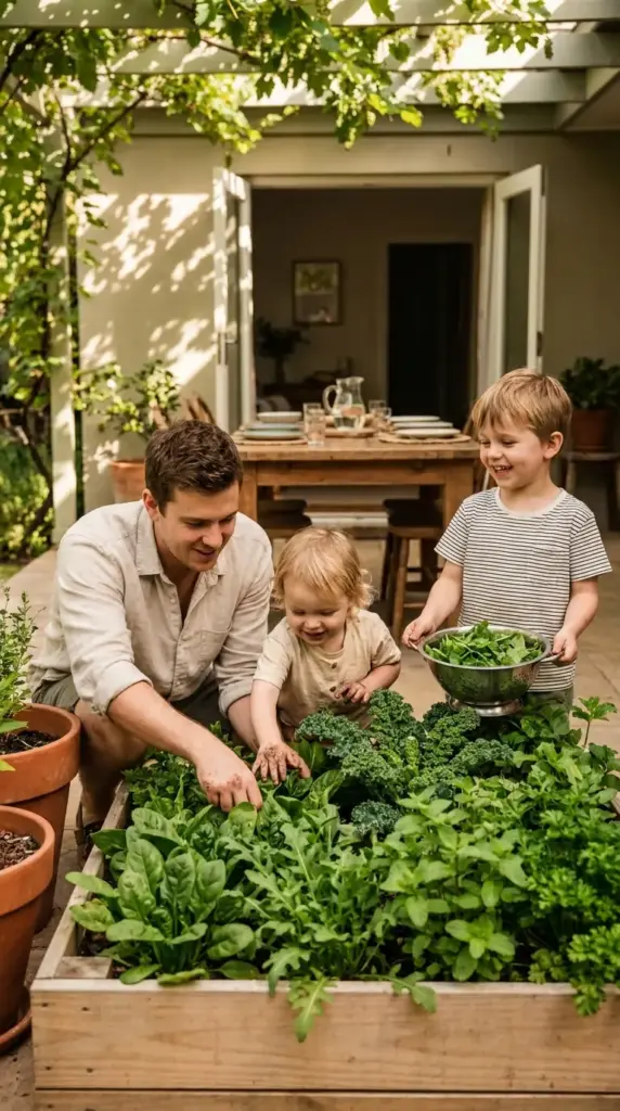 A family harvesting spinach and kale from a raised bed on a shaded patio, showcasing a productive mini farm with limited sunlight.