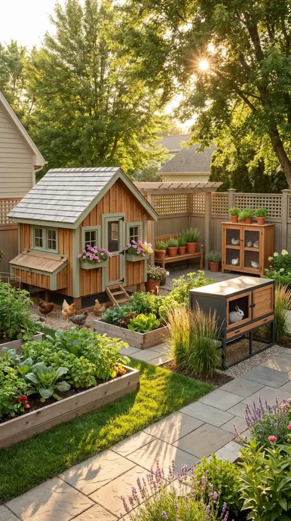 A high-end mini farm for HOA neighborhoods featuring an aesthetic chicken coop, rabbit hutch, and raised vegetable garden beds in a tidy backyard.