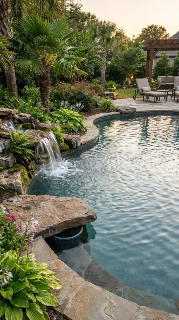 Skimmer-to-biofalls natural pool filtration loop with waterfall return, oxygenation, and surface debris removal