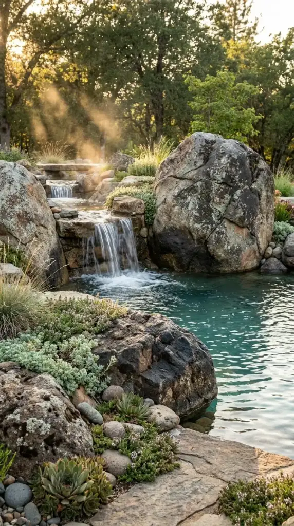 Breathtaking backyard natural pool ideas featuring a multi-tiered rock waterfall, massive boulders, and succulents in a forest setting.
