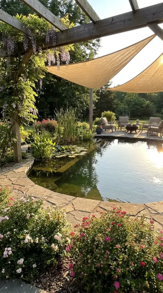 Shade for algae control in a natural pool using pergola, shade sail, and water lilies