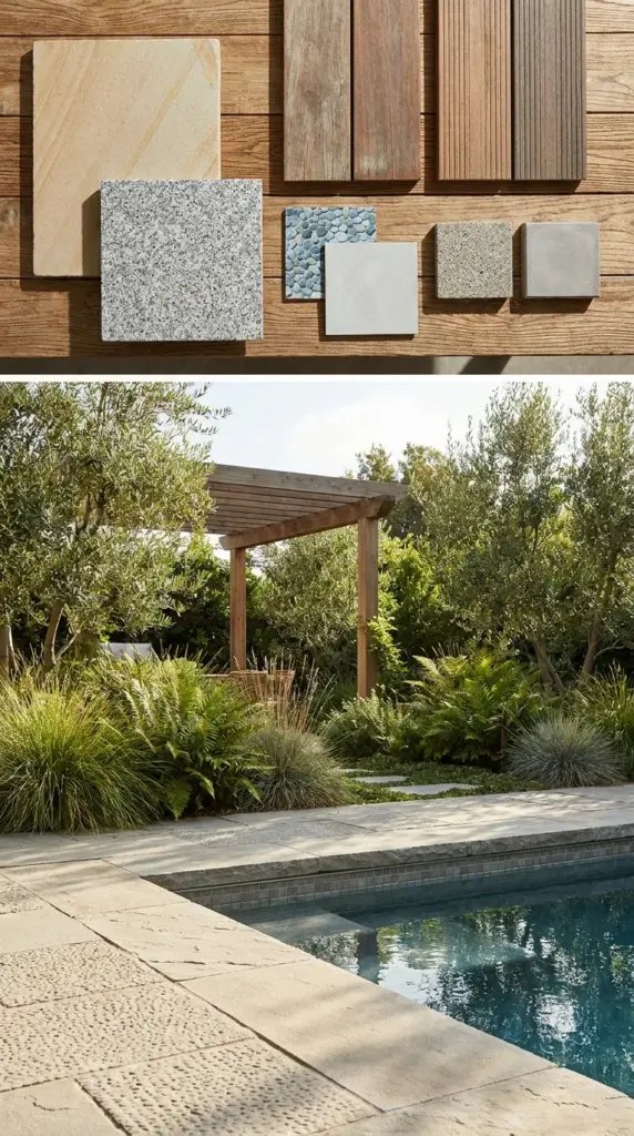 A high-end materials flat-lay and installed scene showing stone coping, textured pavers, wood decking, liner and concrete finish samples, slip-resistant surfaces, and a finished small pool edge in a modern organic garden setting