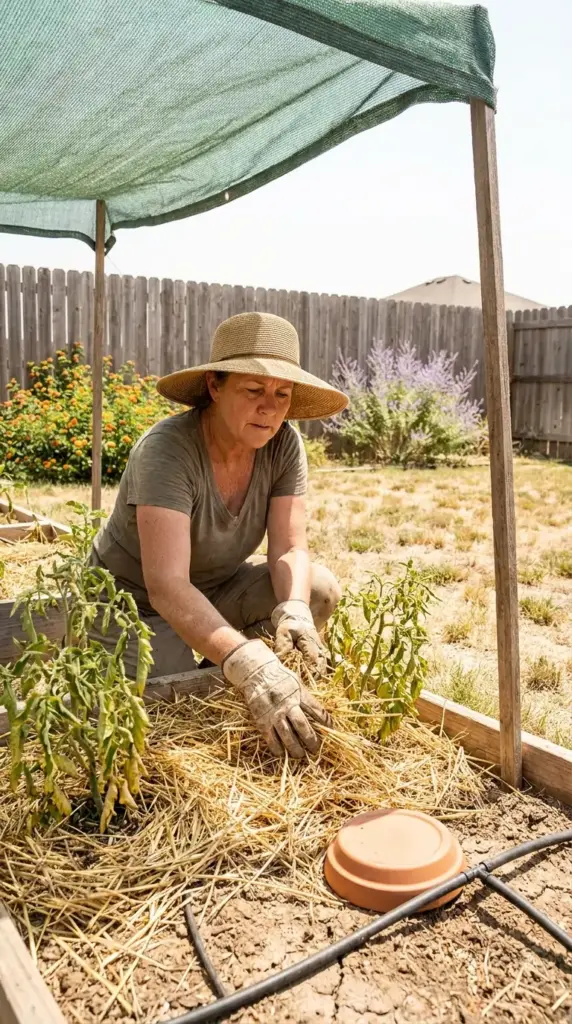 Practical garden help for summer heat featuring a woman applying straw mulch and using shade cloth to protect vegetables.