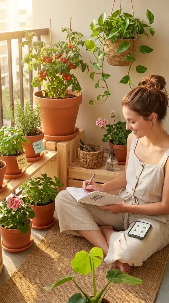Comprehensive garden help for beginners featuring a woman using a garden journal and plant-tracking app to manage a balcony vegetable and herb garden.