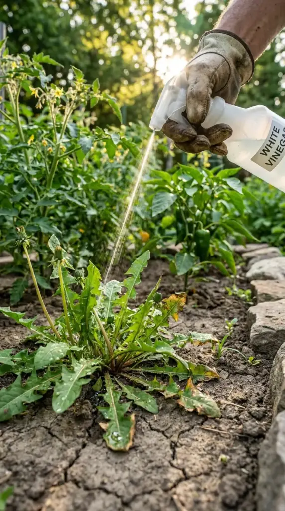 Natural garden help with household items showing a person using a white vinegar spray to kill weeds in a vegetable garden.