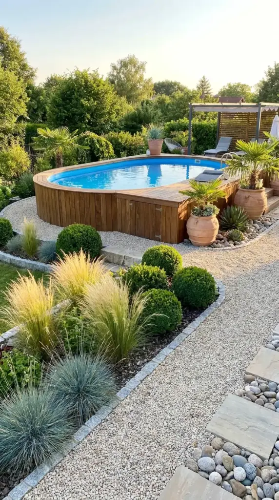 Above ground pool landscaping with ornamental grasses, shrubs, and container plants for a resort look