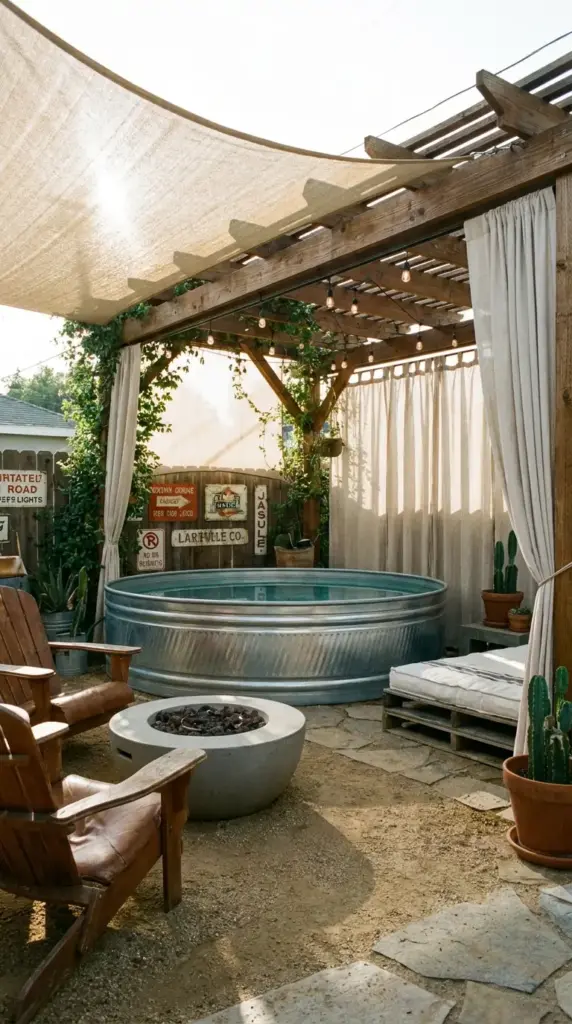 Stock tank pool with pergola shade, string lights, and outdoor curtains for a cooler backyard setup