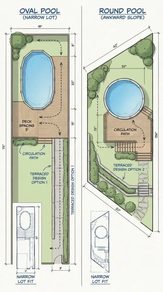 Best pool shapes for awkward yards, comparing oval above ground pools and round pool layouts on slopes