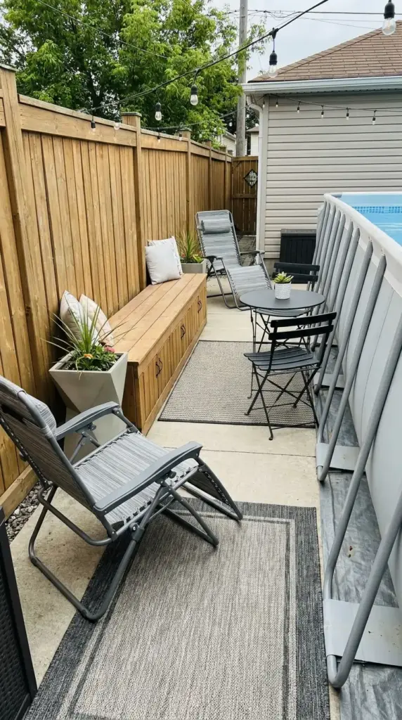 Small patio lounge next to an above ground pool with compact seating and storage bench
