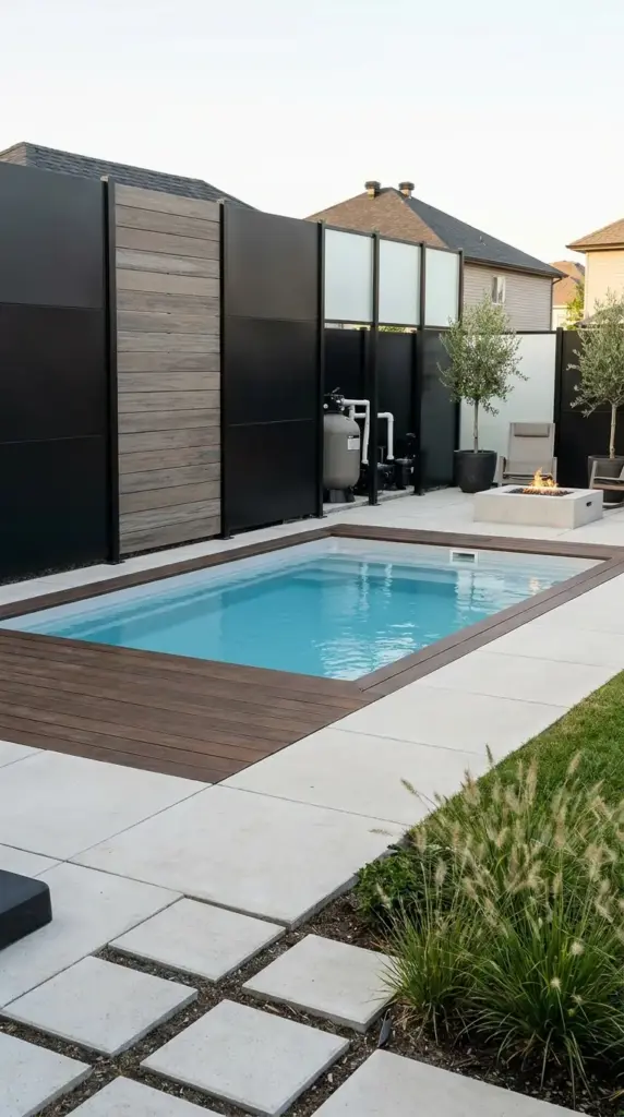 Modern metal composite and glass panels hiding above ground pool pump equipment