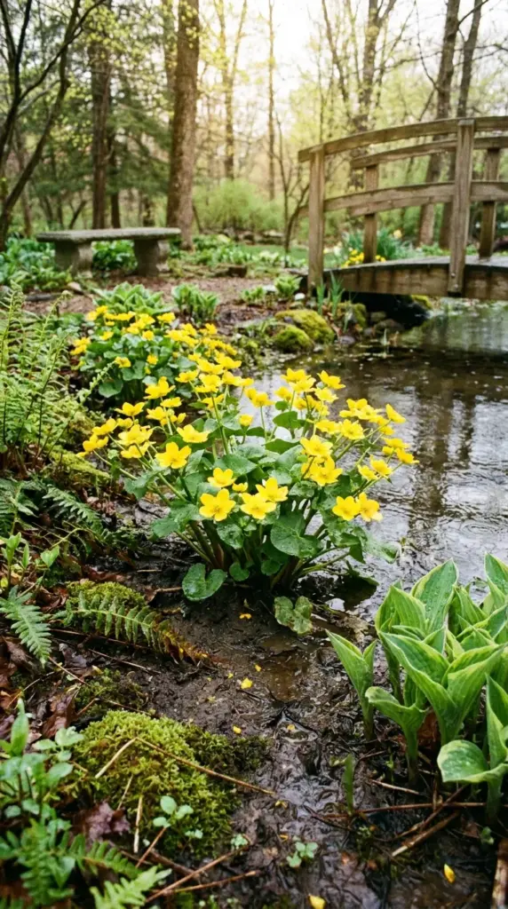 Marsh marigold blooming at a natural pool edge with early-season color and wetland garden appeal