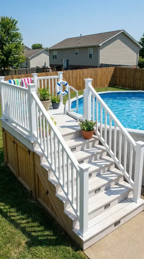 Family-friendly above ground pool deck stairs with storage, railings, and white wash wood coastal styling