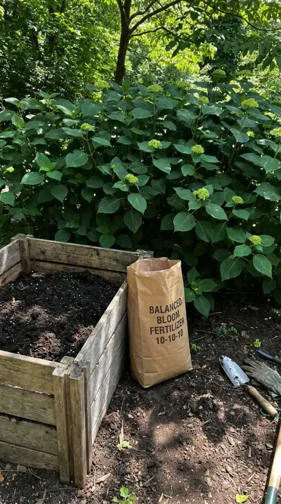 Fertilizing hydrangeas in shade for more blooms and less excess leafy growth