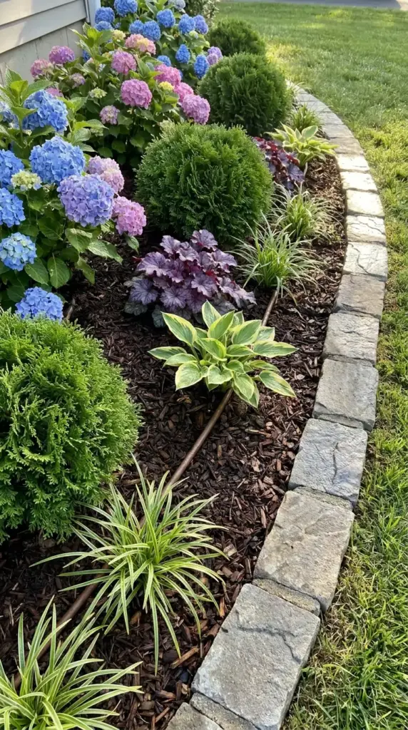 Ground-layer details with mulch, edging, and underplanting beneath hydrangeas and evergreens