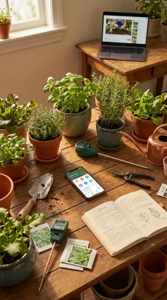 A tech-enabled mini farm with limited sunlight featuring indoor herbs, soil moisture sensors, and a gardening app to optimize growth in low-light conditions.