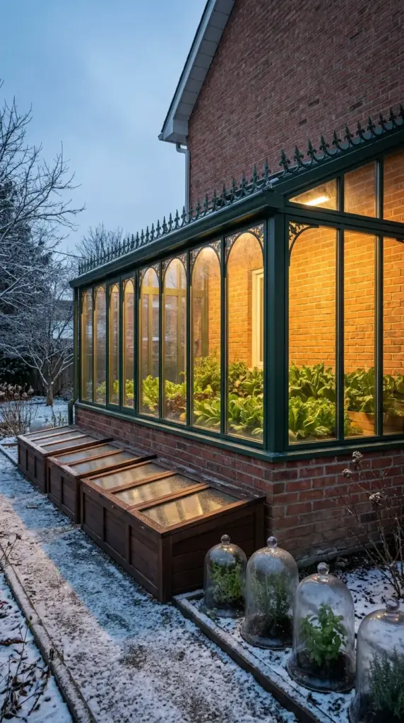 Sophisticated mini farm for HOA neighborhoods featuring a Victorian lean-to greenhouse and cold frames for winter vegetable gardening.