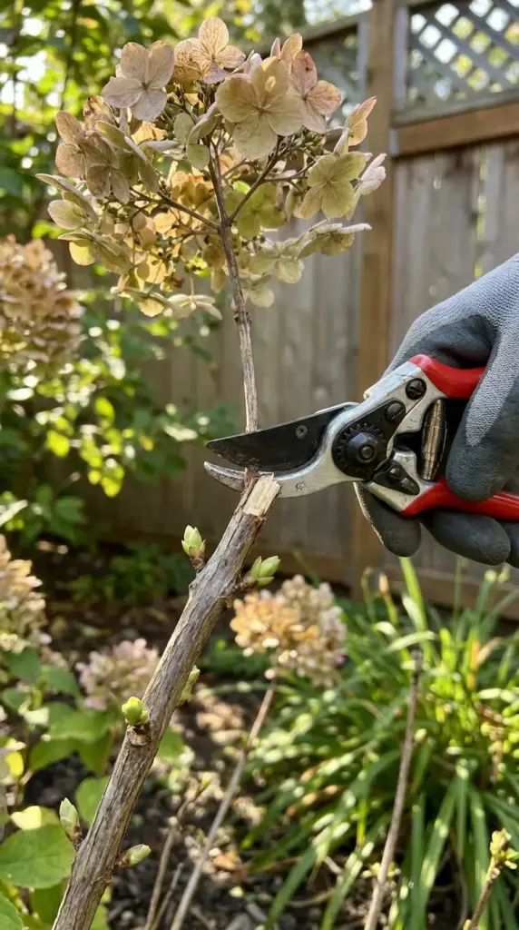Hydrangea pruning tips showing how to prune old wood hydrangea without losing next year’s blooms