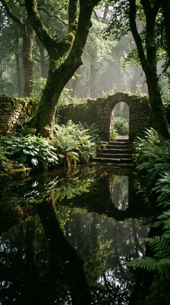 Woodland escape natural pool with mossy stone, shade plants, and secluded forest-inspired backyard design