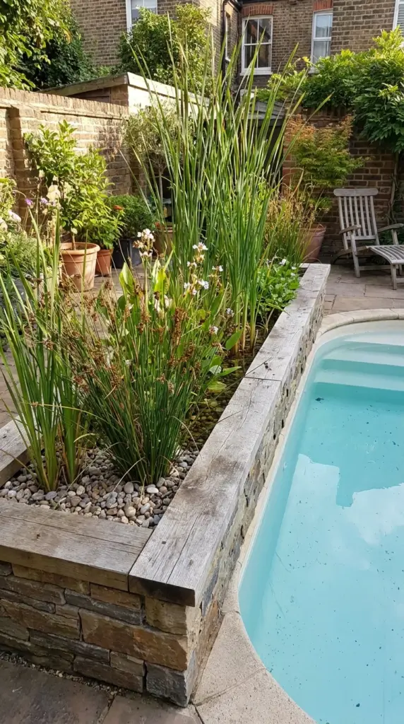 Reed bed filter wall for compact natural pool filtration with root-rich plants and raised gravel bed