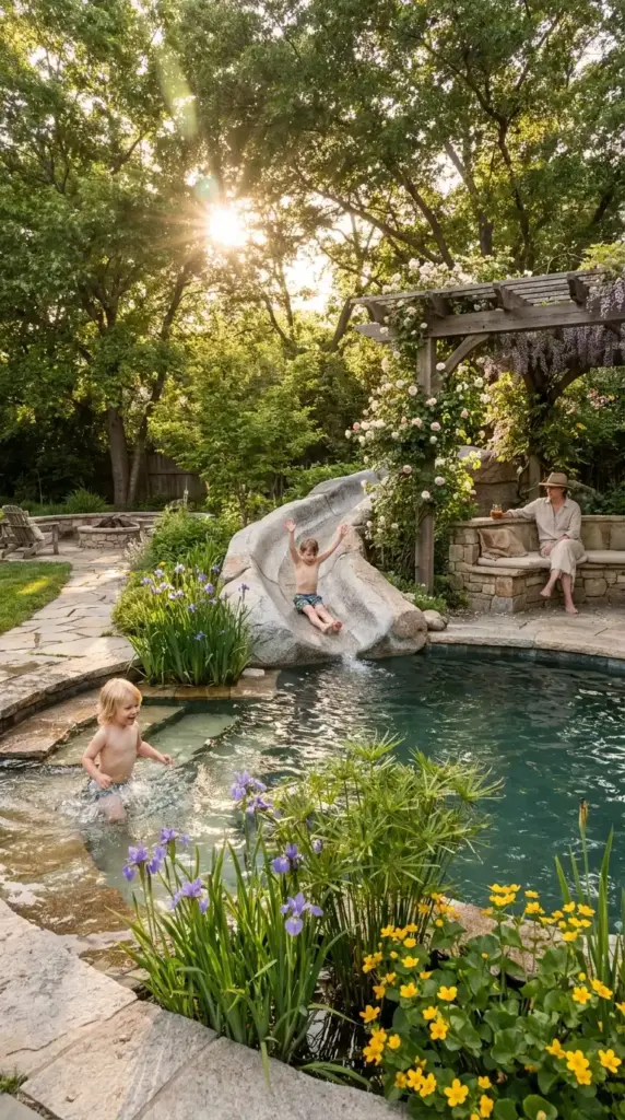 Family-friendly natural pool ideas featuring a stone water slide, a wooden pergola with climbing roses, and purple irises by the water's edge.
